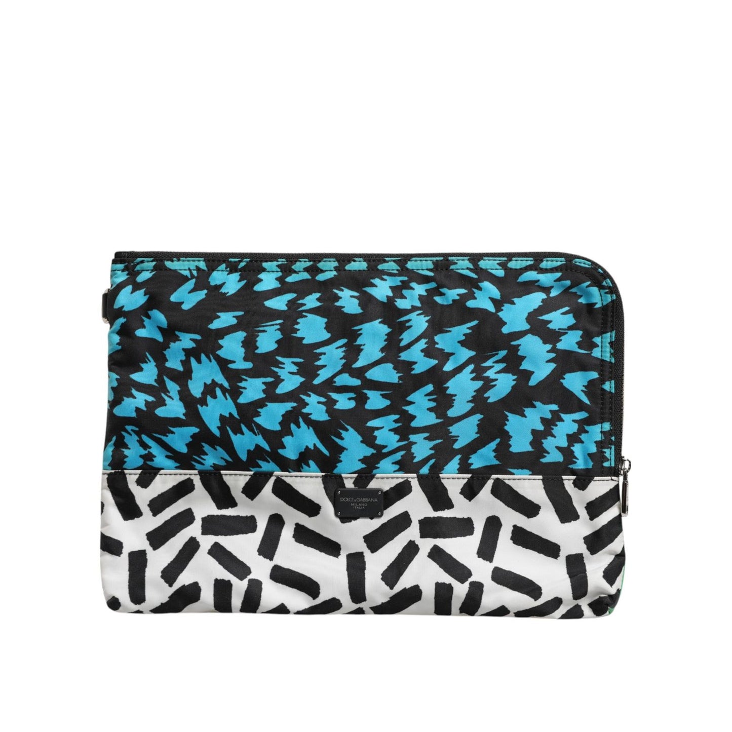 Dolce & Gabbana Multicolor Printed Nylon Logo Plaque Men Clutch Pouch Bag with vibrant abstract design and zipper closure.