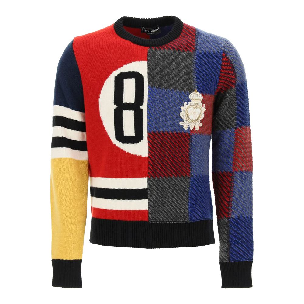 Dolce & Gabbana Multicolor Wool Sweater with logo embroidery and rhinestones on chest, featuring a vibrant patchwork design