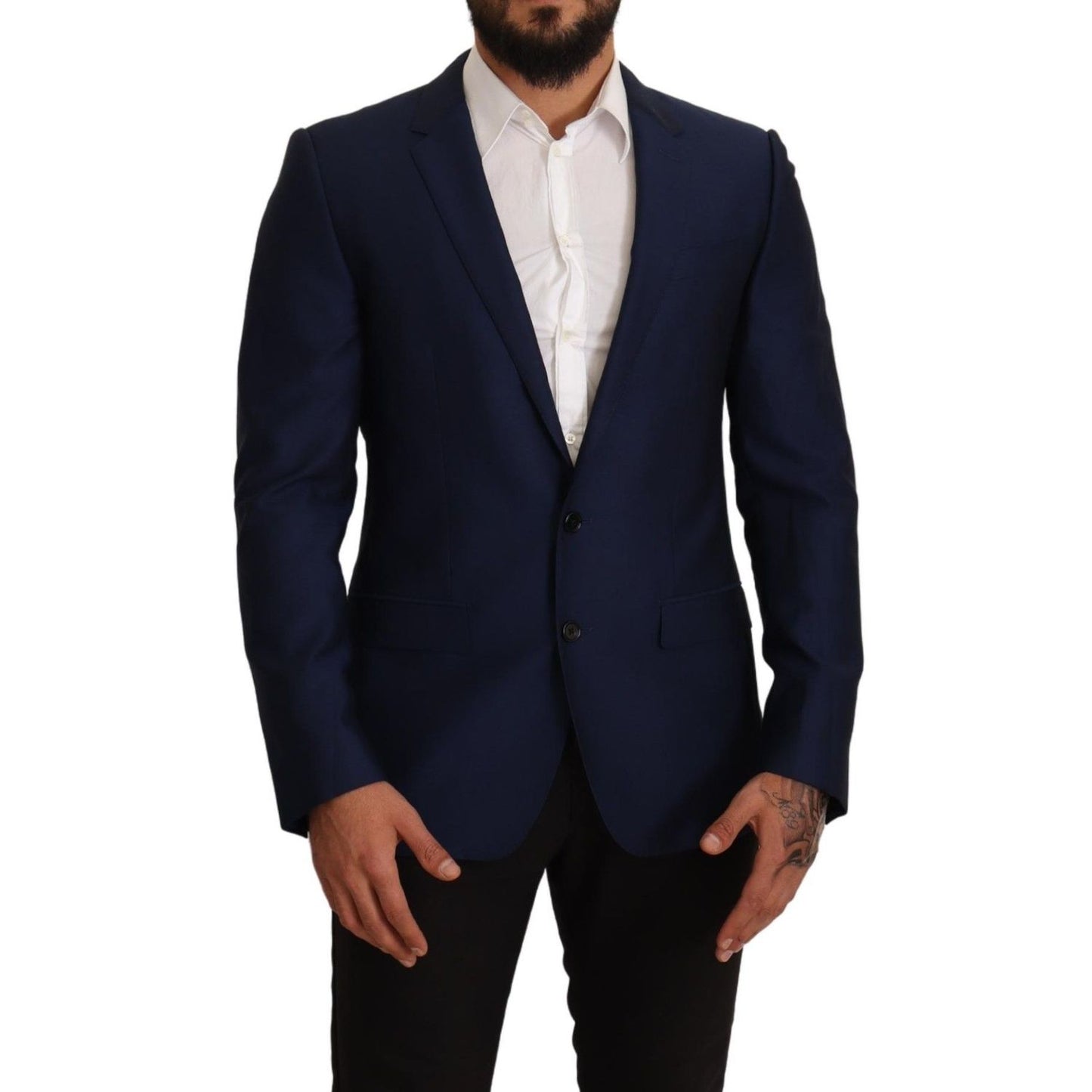 Man wearing Dolce & Gabbana Navy Blue Slim Fit Jacket MARTINI Blazer with white shirt.