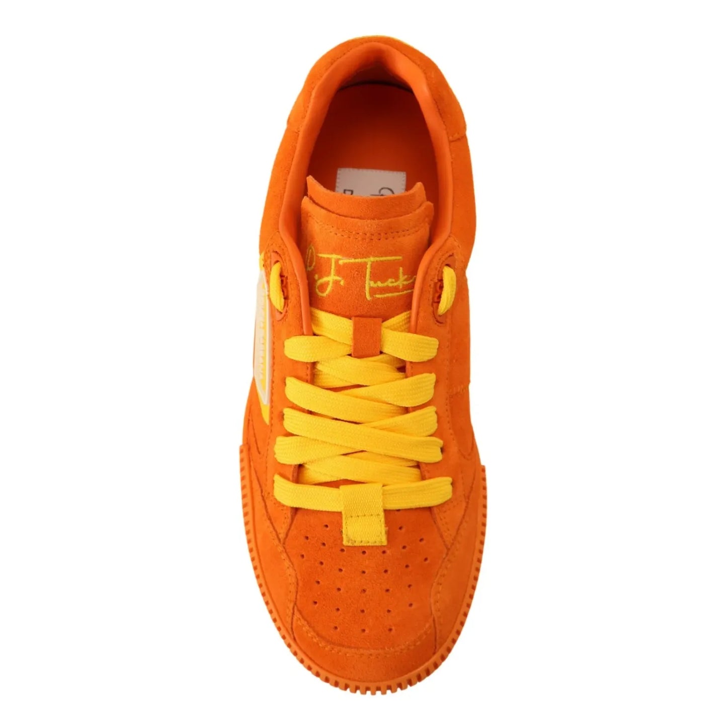 Dolce & Gabbana Orange Leather P.j. Tucker Men Sneakers Shoes with vibrant orange suede leather and yellow laces, top view.