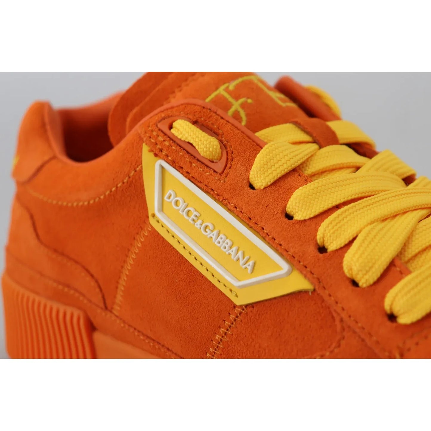Dolce & Gabbana Orange Leather P.j. Tucker Men Sneakers Shoes close-up with suede, logo, and yellow laces. Minor defects on both shoes.
