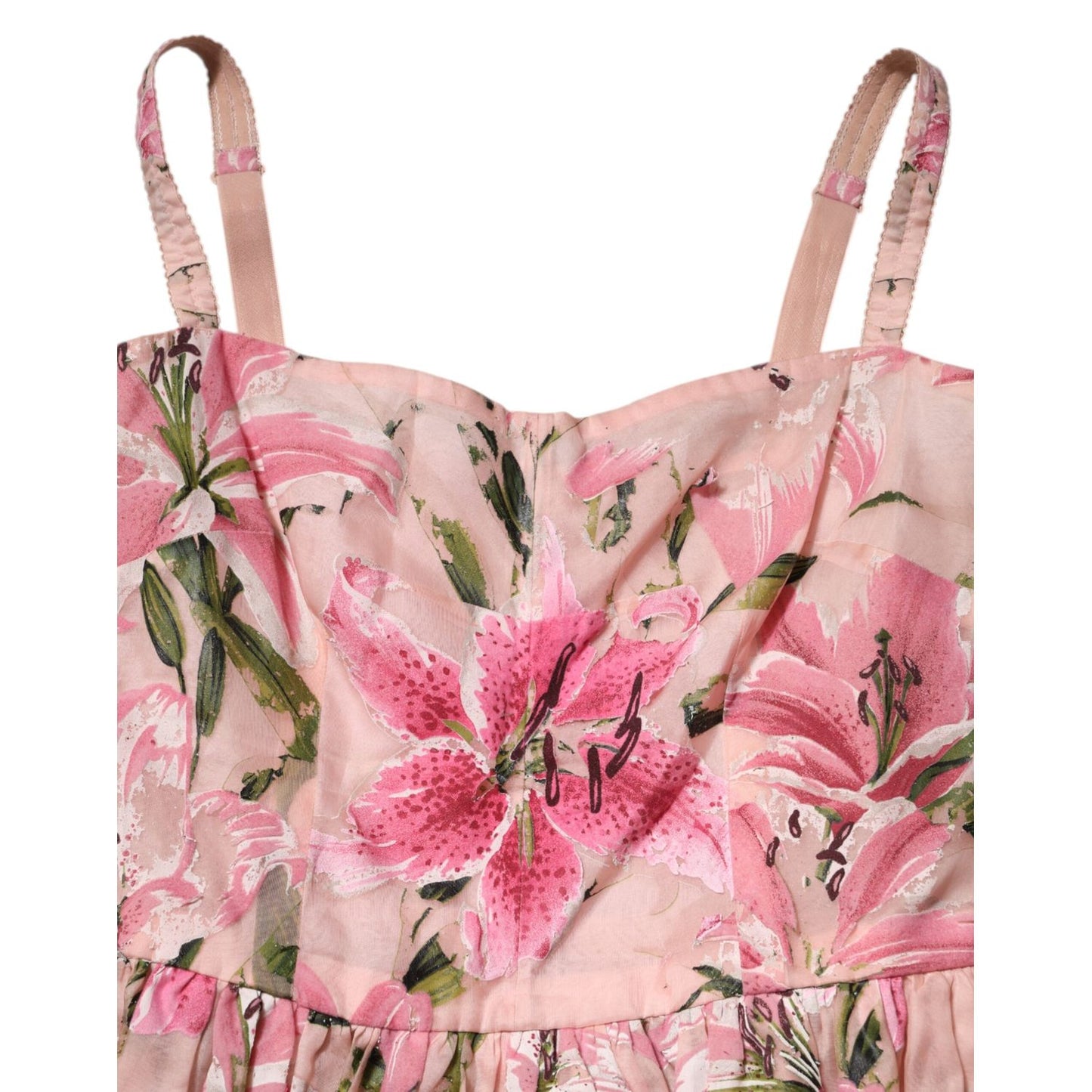 Dolce & Gabbana Pink Cotton Floral Pleated Sleeveless Dress with green and pink lily print, close-up of bodice.