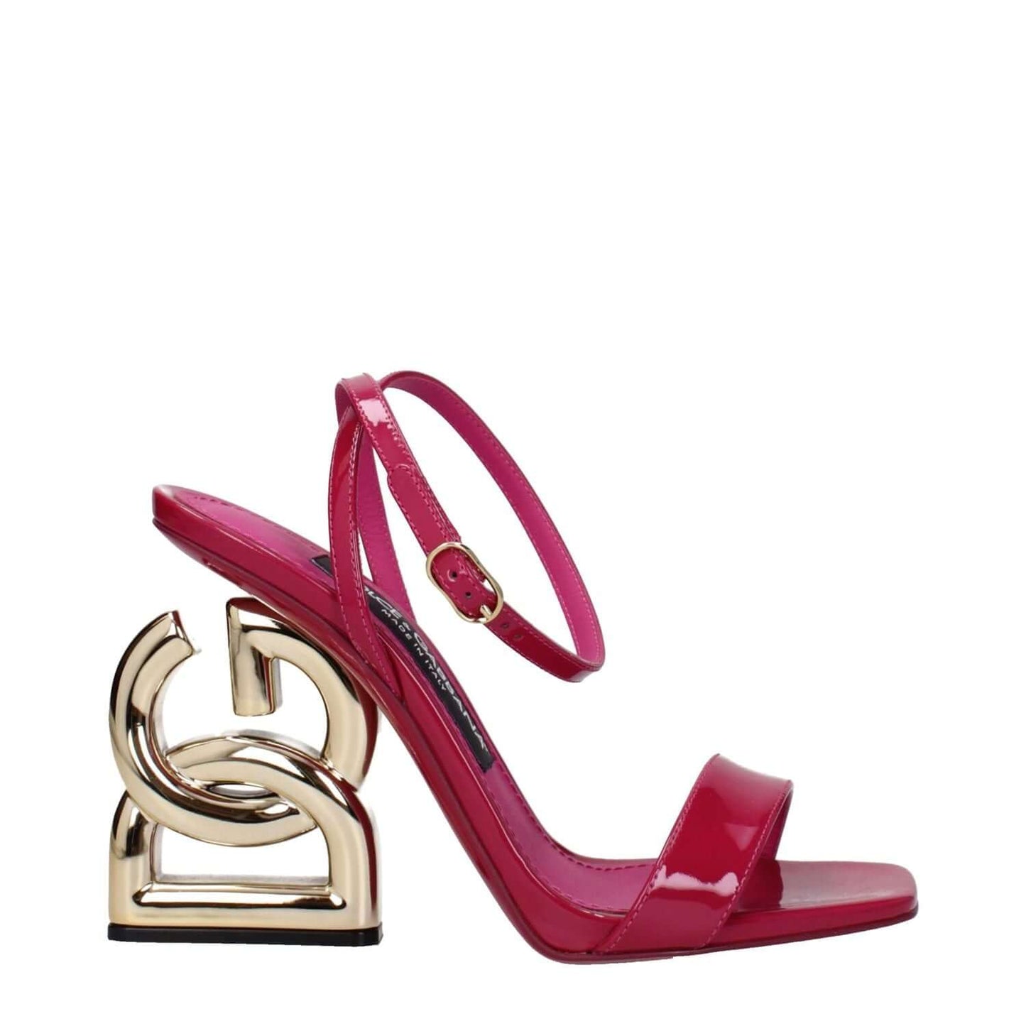 Dolce & Gabbana Pink Leather Stiletto Heel Sandals with gold details and buckle closure. Open toe, high heel style, made of patent leather.