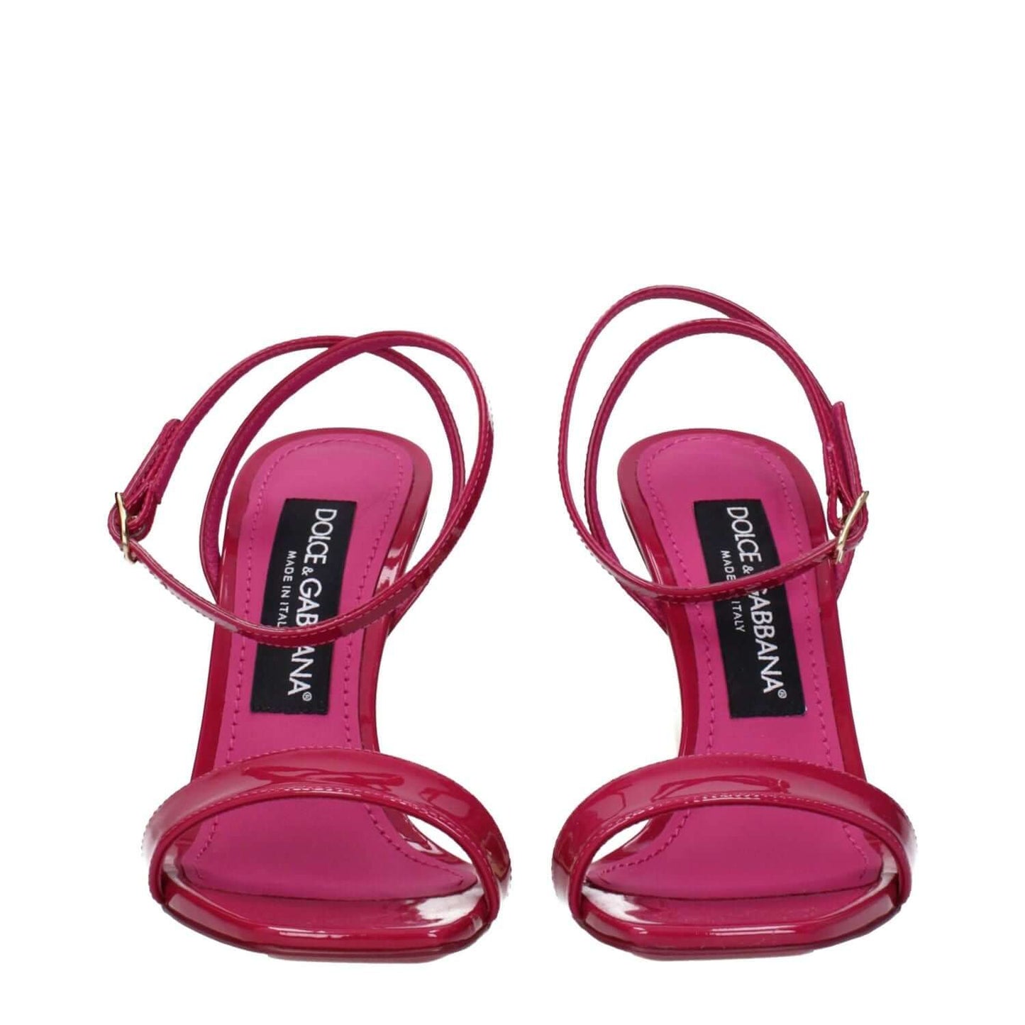 Dolce & Gabbana Pink Leather Stiletto Heel Sandals with buckle closure, open toe design, in fuchsia patent leather.
