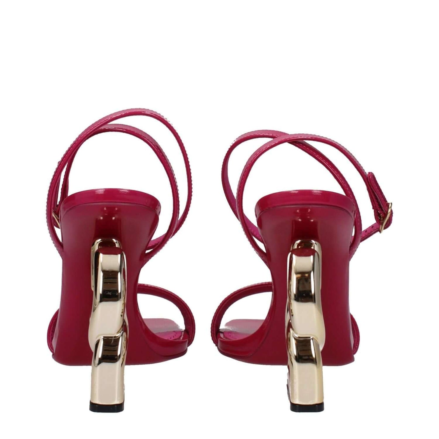 Dolce & Gabbana Pink Leather Stiletto Heel Sandals with gold accents and buckle closure, patent leather in fuchsia, open toe design.