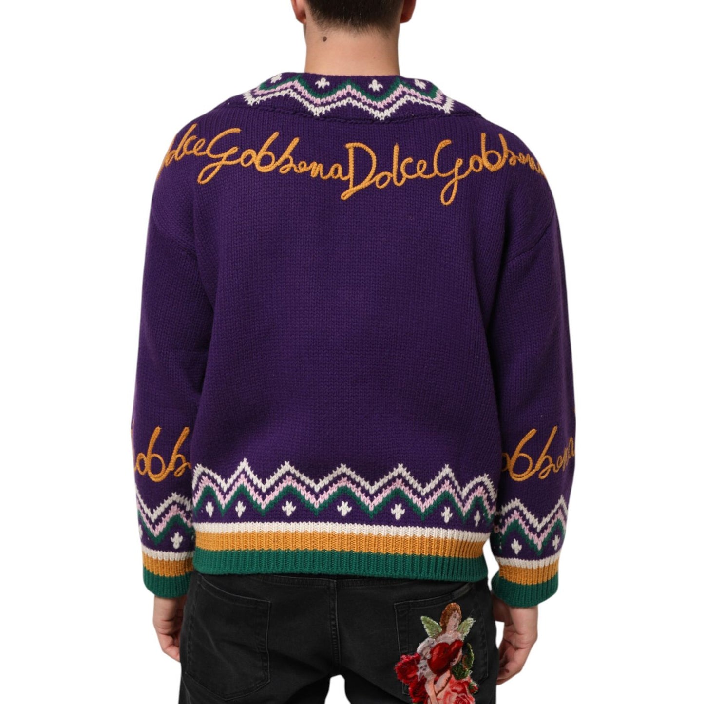 Dolce & Gabbana Purple Wool DG Logo Men Knit Pullover Sweater with iconic branding on back, side view