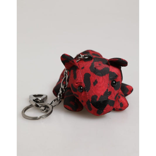 Dolce & Gabbana Red Black Polyester Animal Silhouette Bag Keychain Keyring with bear design and logo metal hardware.