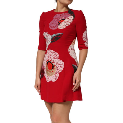 Dolce & Gabbana Red Lace Floral Applique A-line Mini Dress