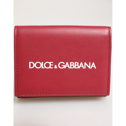 Dolce & Gabbana Red Leather Bold Logo Print Trifold Card Holder Wallet in vivid red with white logo, crafted in Italy.