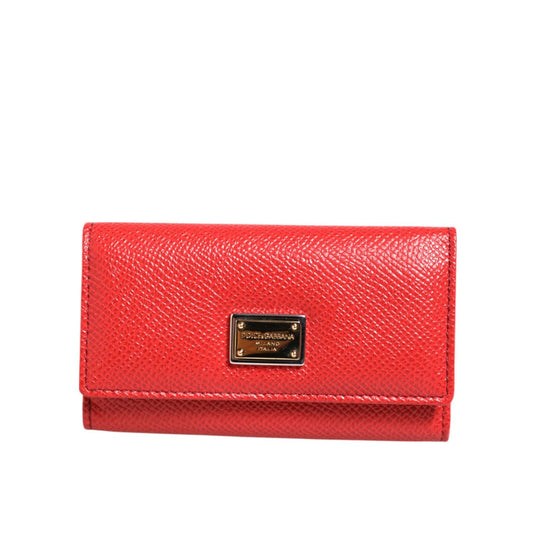 Dolce & Gabbana Red Leather Silver Metal Logo Plaque Trifold Key Holder with logo plaque and keyring attachment, luxury design.