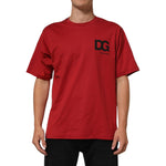 Dolce & Gabbana Red Logo Print Cotton Short Sleeve T-shirt with DG logo, crew neck, regular fit, made in Italy, model wearing.