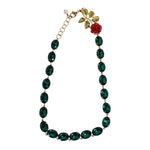 Dolce & Gabbana Red Rose Green Crystal Gold-Tone Chain Necklace with floral motif and romantic aesthetic, beautiful fashion accessory.