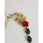 Dolce & Gabbana Red Rose Green Crystal Gold-Tone Chain Necklace with floral motif design.