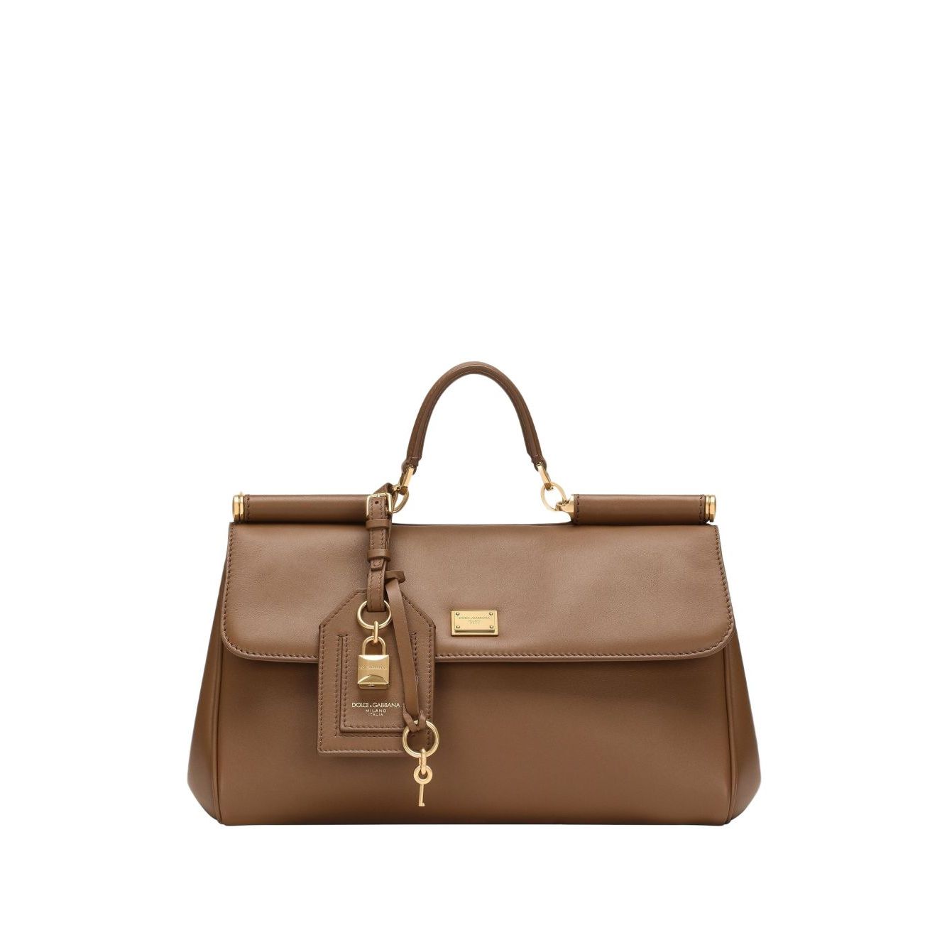 Dolce & Gabbana Sicily soft leather handbag in caramel brown with foldover top, magnetic fastening, and padlock detail