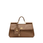 Dolce & Gabbana Sicily soft leather handbag in caramel brown with foldover top, magnetic fastening, and padlock detail