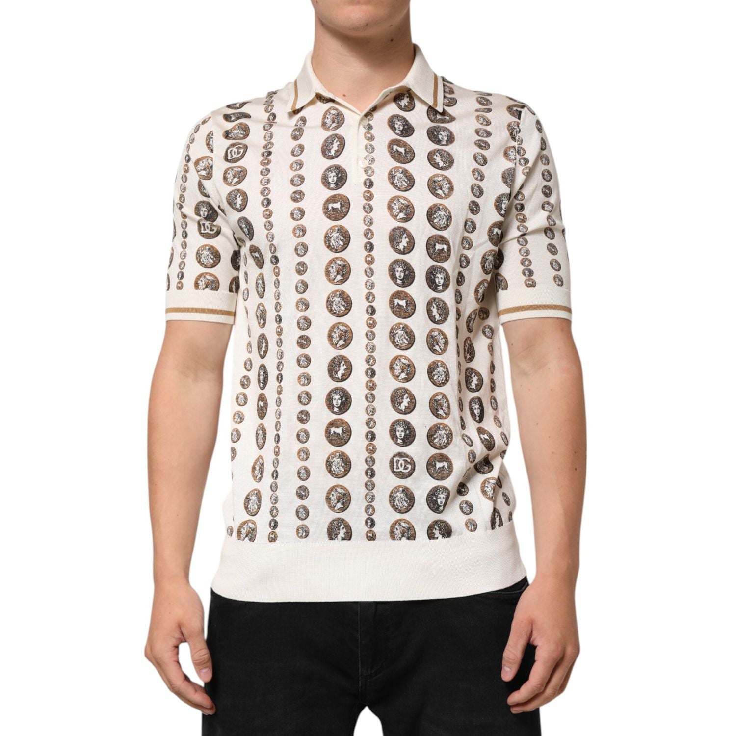 Dolce & Gabbana Silk Ivory Coin Print Logo Men Polo T-shirt