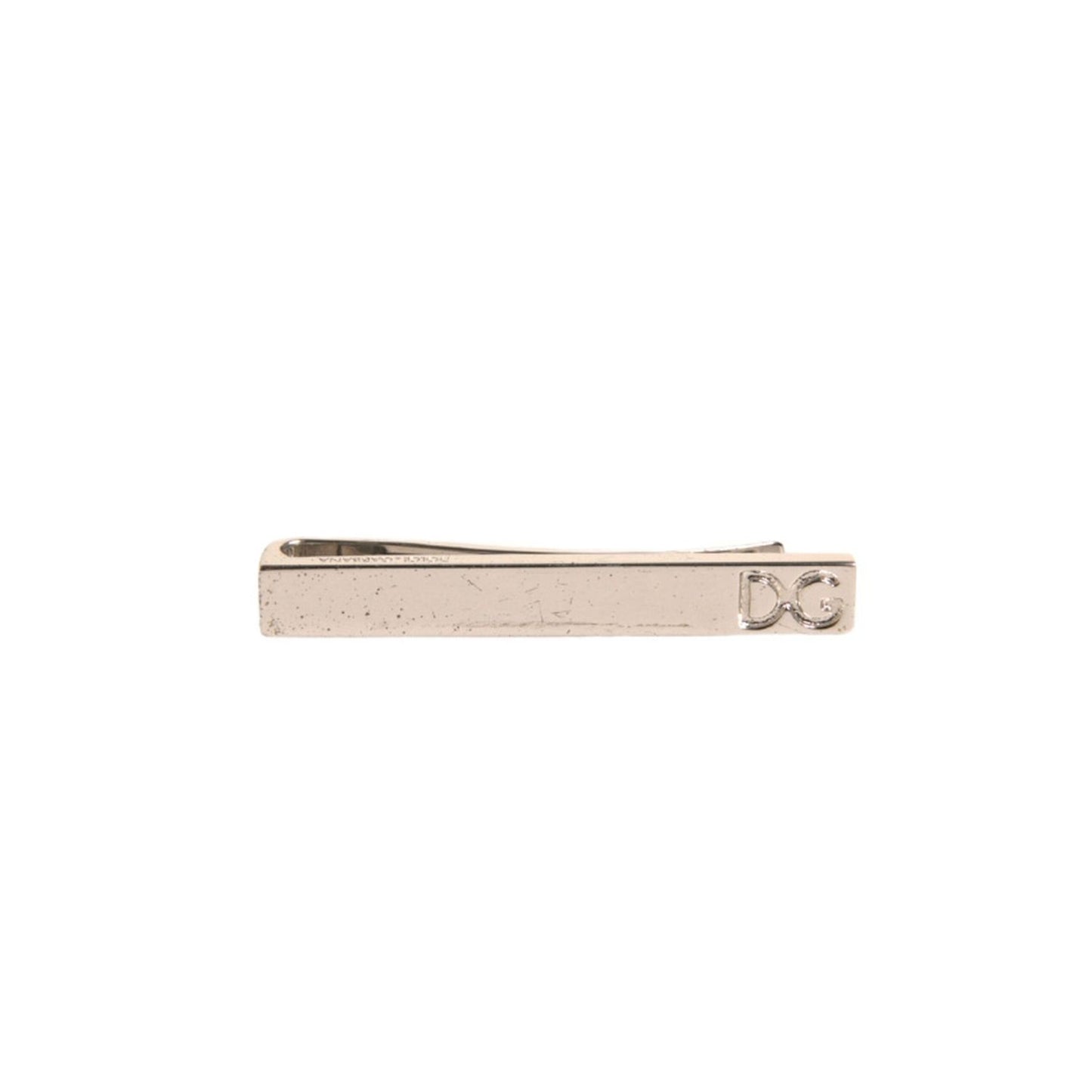 Dolce & Gabbana Silver Tone Brass Logo Branded Tie Clip Bar featuring iconic branding on a sleek design, made in Italy.