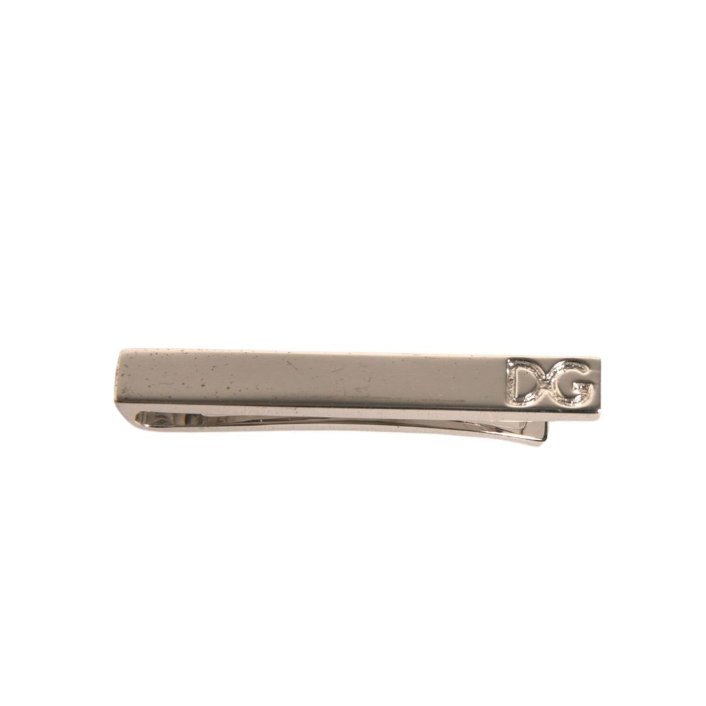 Dolce & Gabbana Silver Tone Brass Logo Branded Tie Clip Bar on white background.