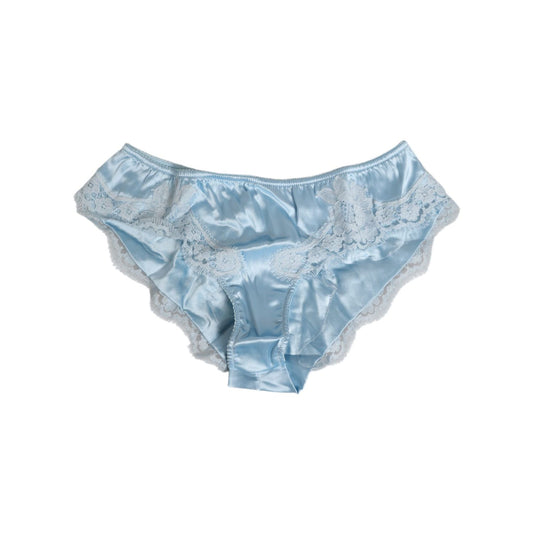 Dolce & Gabbana Sky Blue Silk Satin Lace Panty Brief Underwear with delicate lace trim, crafted in Italy for elegance and comfort.
