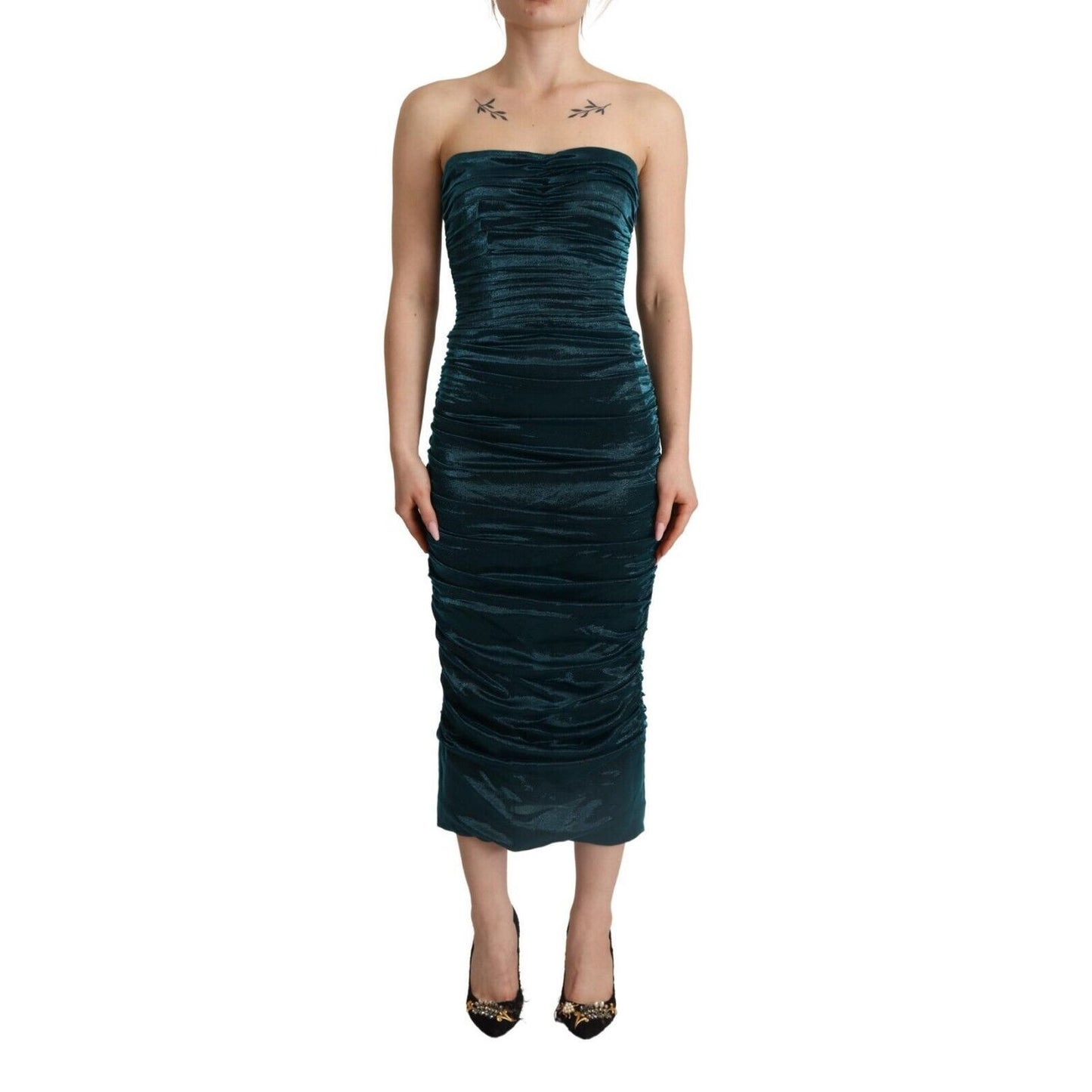 Dolce & Gabbana Turquoise Bustier Bodice Draped Midi Dress