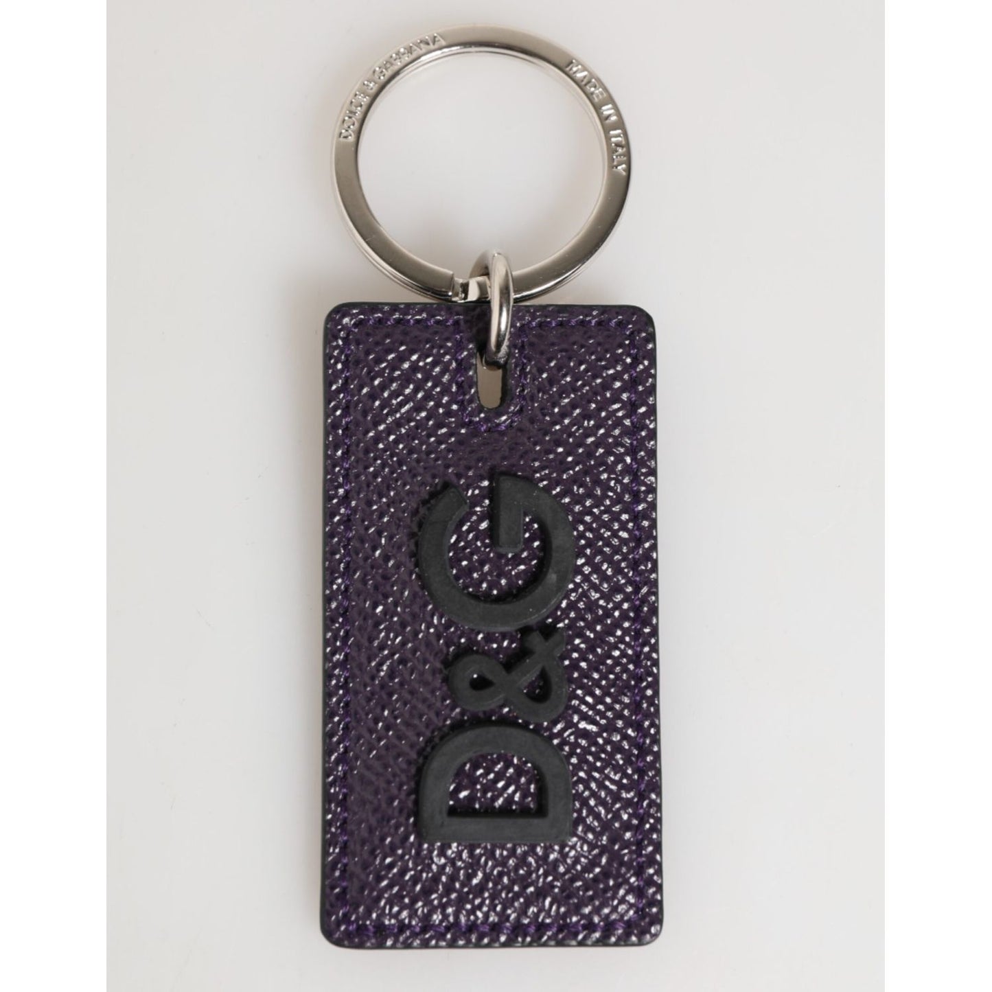 Dolce & Gabbana Violet Leather Logo Metal Ring Men Keychain Keyring with logo details on violet leather and silver metal hardware.