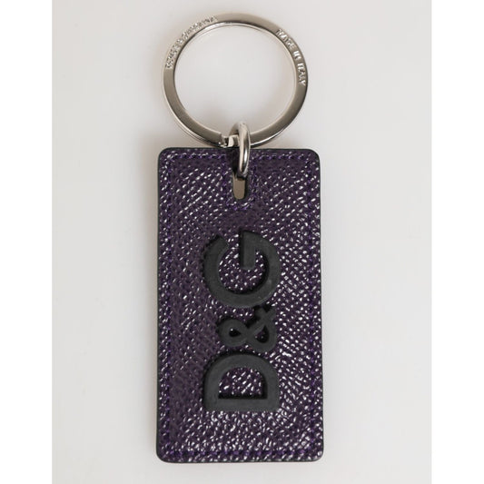 Dolce & Gabbana Violet Leather Logo Metal Ring Men Keychain Keyring with logo details on violet leather and silver metal hardware.