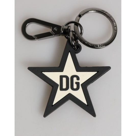 Dolce & Gabbana White Black DG Logo Star Rubber Men's Keychain Keyring featuring silver brass ring and engraved metal hardware.