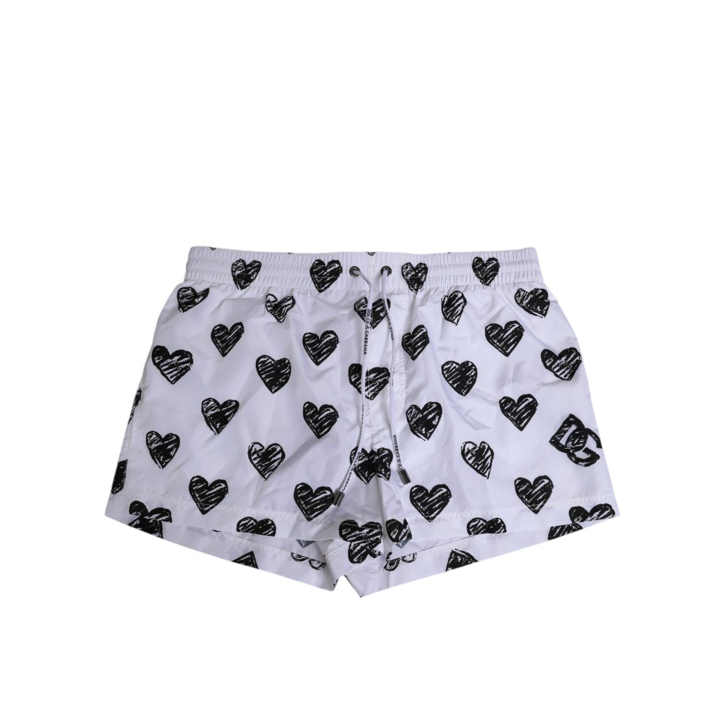 Dolce & Gabbana White Black Heart Print Men Boxer Short Swimwear with elastic waistband and drawstring closure, front view.
