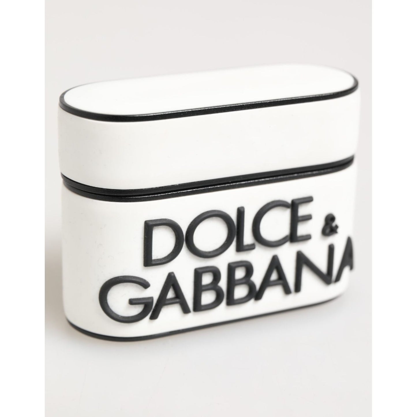 Dolce & Gabbana White Black Rubber Logo Embossed Accessory Airpods Case with embossed DG logo in durable rubber material