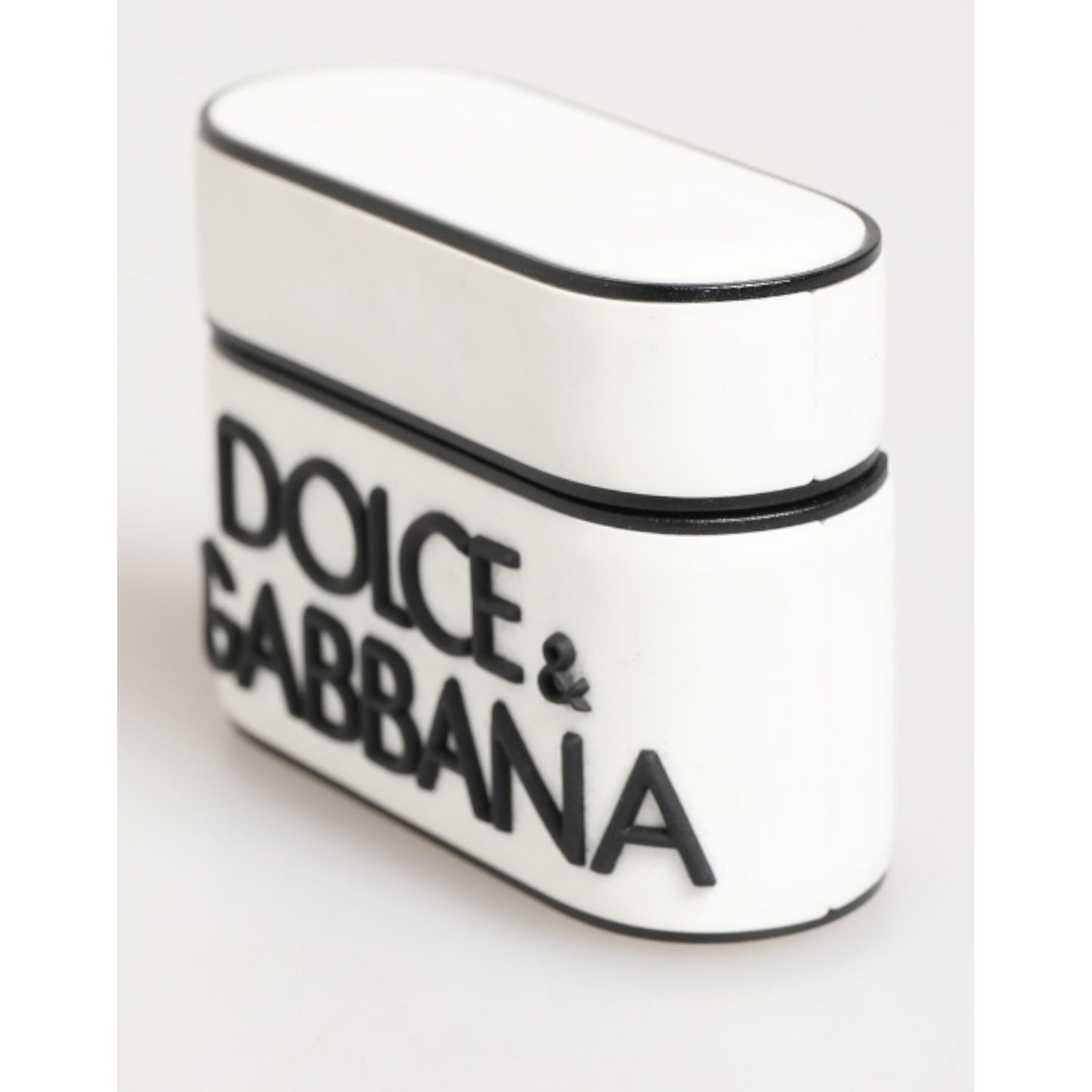 Dolce & Gabbana White Black Rubber Logo Embossed Accessory Airpods Case with embossed DG branding.