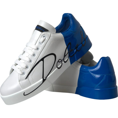 Dolce & Gabbana White Blue Logo Low Top Leather Sneakers Shoes