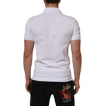 Back view of Dolce & Gabbana White Collared Short Sleeves Polo Men T-shirt, featuring classic collar and logo plaque on white cotton fabric.