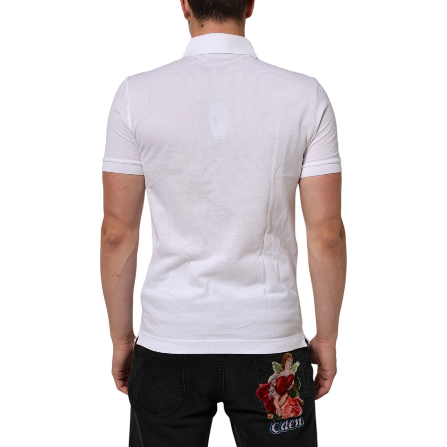 Back view of Dolce & Gabbana White Collared Short Sleeves Polo T-shirt on model, featuring regular fit and classic collar.
