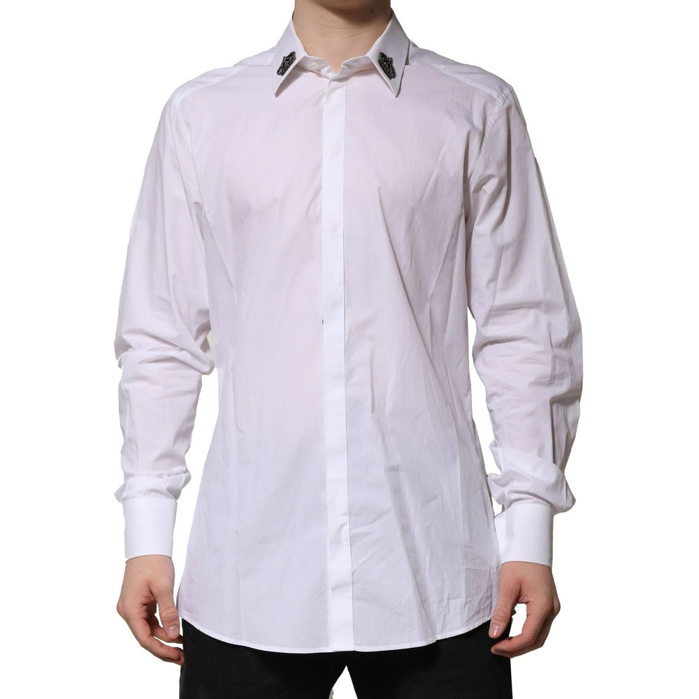 Dolce & Gabbana White Cotton Crown Collar GOLD Formal Shirt with embroidered crown details, luxury men's slim fit dress shirt.