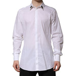 Dolce & Gabbana White Cotton Crown Collar GOLD Formal Shirt with embroidered crown details, luxury men's slim fit dress shirt.