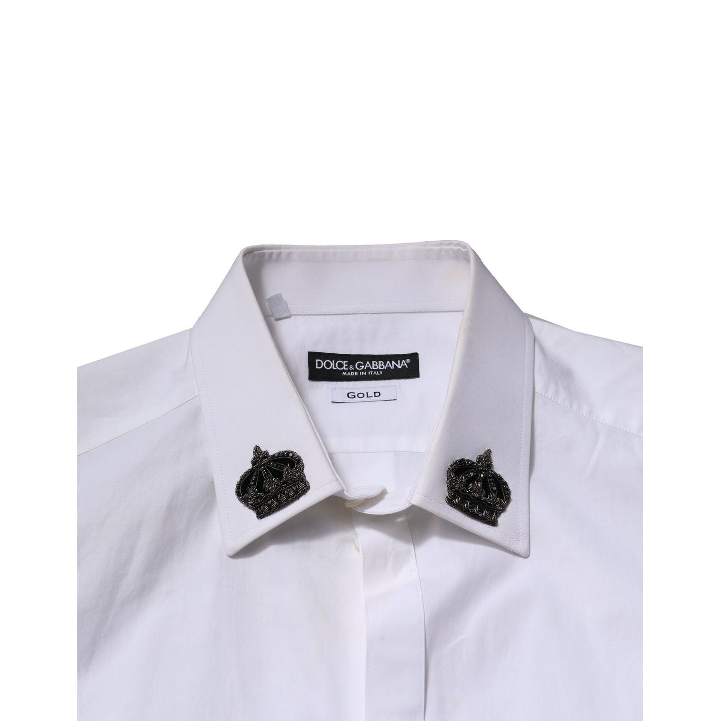 Dolce & Gabbana White Cotton Crown Collar GOLD Formal Shirt with embroidered crown patches, front view showcasing luxury design.