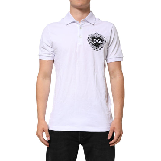 Dolce & Gabbana White Cotton DG Heart Logo Embroider T-shirt with black logo on chest, classic polo collar, and slim fit design.