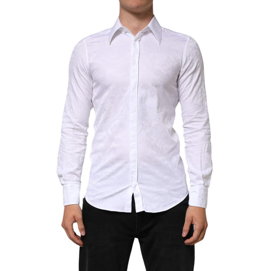 Dolce & Gabbana White Cotton MARTINI Paisley Jacquard Shirt displayed, showcasing slim fit and elegant design.