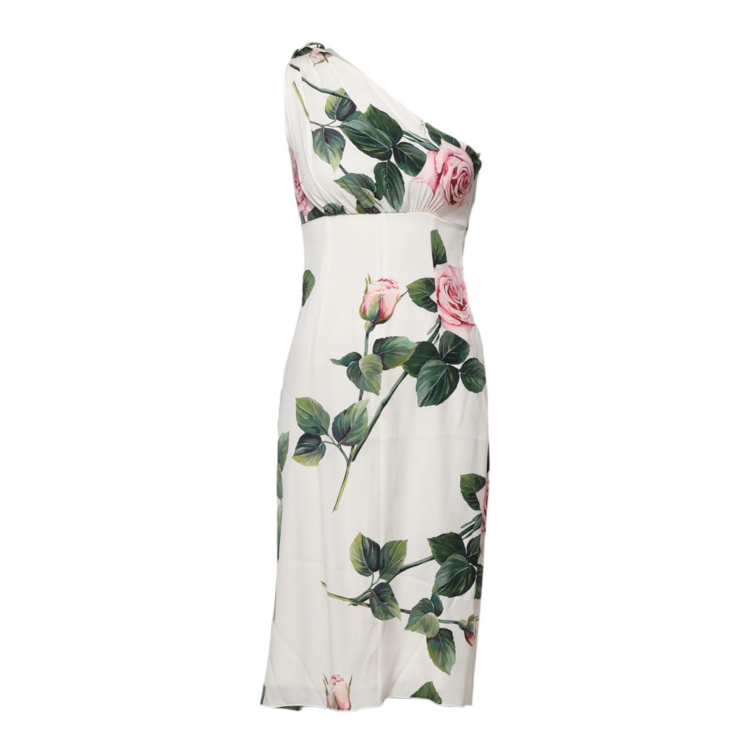 Dolce & Gabbana White Floral One Shoulder Sheath Midi Dress