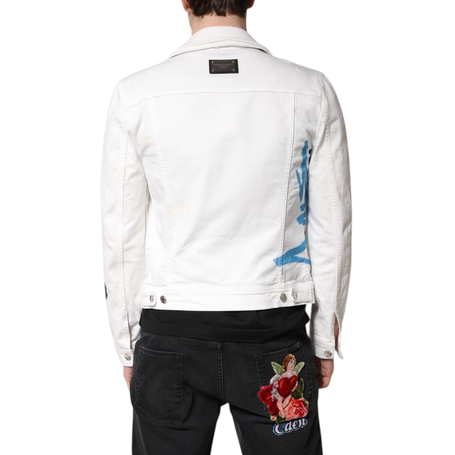 Dolce & Gabbana White Graffiti Cotton Stretch Denim Jacket