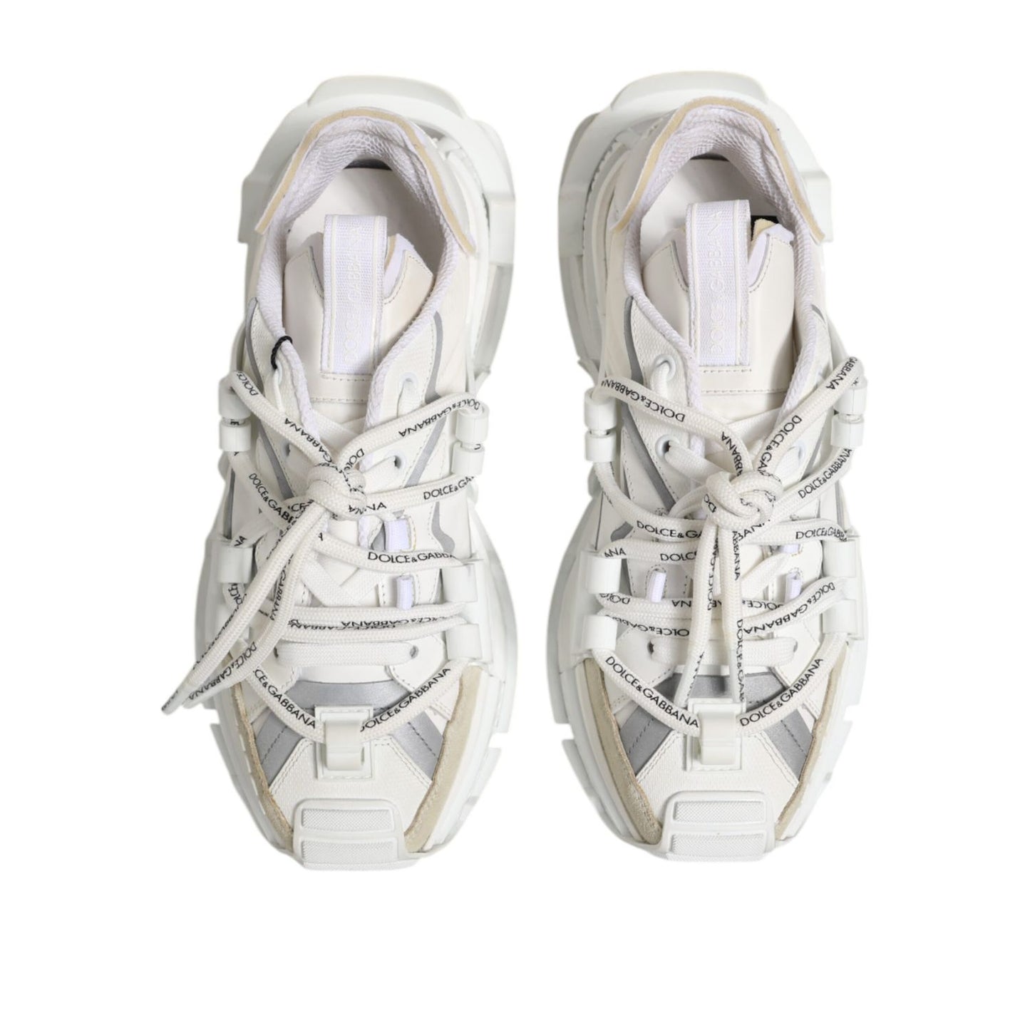 Dolce & Gabbana White Gray Low Top Space Sneakers Shoes with lace-up closure and logo details, made of polyester and lamb leather from Italy.
