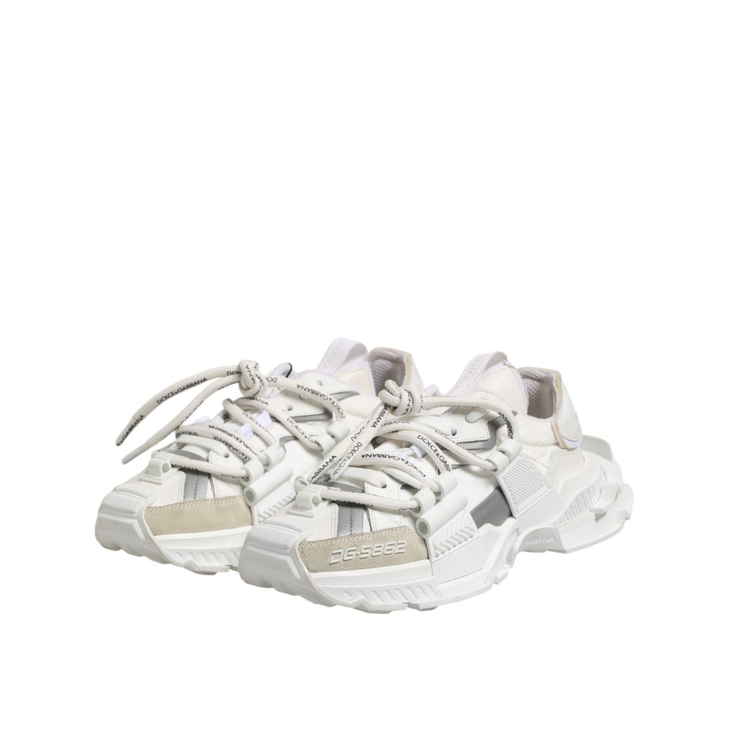 Dolce & Gabbana White Gray Low Top Space Sneakers Shoes with lace-up closure and rubber sole, showcasing modern design and luxury craftsmanship.