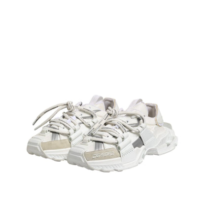 Dolce & Gabbana White Gray Low Top Space Sneakers Shoes with lace-up closure and rubber sole, showcasing modern design and luxury craftsmanship.