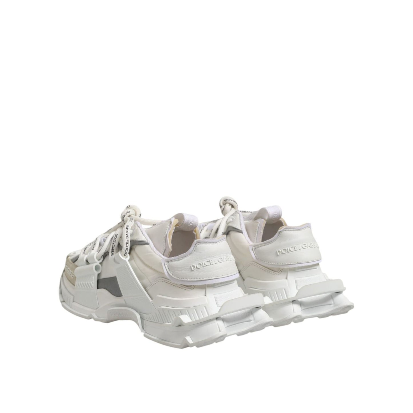 Back view of Dolce & Gabbana White Gray Low Top Space Sneakers Shoes made of polyester and lamb leather with rubber sole.