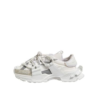 Dolce & Gabbana White Gray Low Top Space Sneakers Shoes with lace-up closure and logo details, made from polyester and lamb leather.