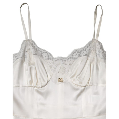 Dolce & Gabbana White Lace DG Logo Silk Dress Sleepwear