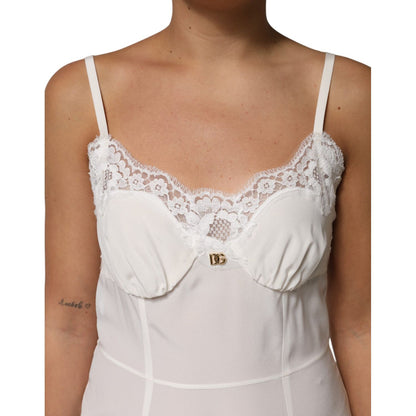 Dolce & Gabbana White Lace Gold DG Logo Silk Dress Sleepwear