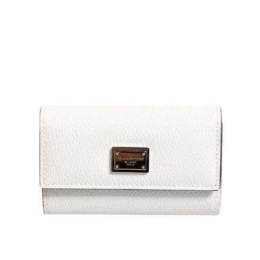 Dolce & Gabbana White Leather Card Case Holder Wallet Gold Logo Plate Key Holder