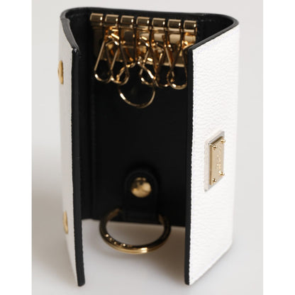 Dolce & Gabbana White Leather Card Case Holder Wallet Gold Logo Plate Key Holder