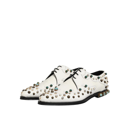 Dolce & Gabbana White Leather Crystals Embellished Derby Shoes